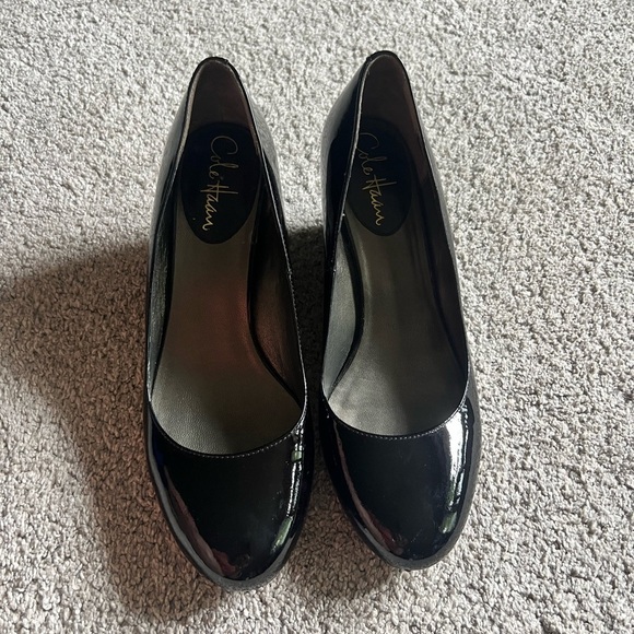 COLE HAAN AIR LAINEY Size 7.5 BLACK PATENT LEATHER Wedge Pump Heel - Picture 3 of 6
